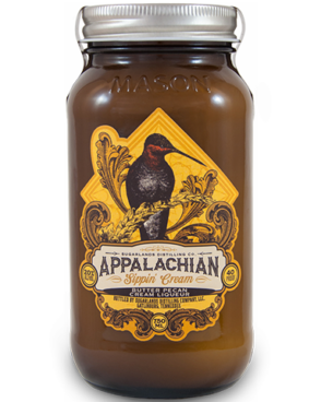 Image of a jar of Sugarlands Appalachian Butter Pecan Sippin' Cream Liqueur featuring a sleek design with a yellow label with a humming bird and white accents.