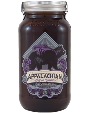 Image of a jar of Sugarlands Appalachian Dark Chocolate Coffee Sippin' Cream Liqueur featuring a sleek design with a grey and purple label with a black bear and white accents.