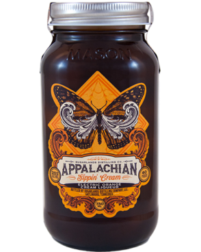 Image of a jar of Sugarlands Appalachian Electric Orange Sippin' Cream Liqueur featuring a sleek design with an orange label with a monarch butterfly and white accents.