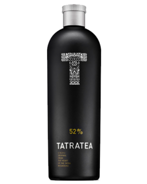 Image of a black bottle of TATRATEA Liqueur featuring a sleek design with a white 'T' at the top, gold accented text, then the brand name in white text.