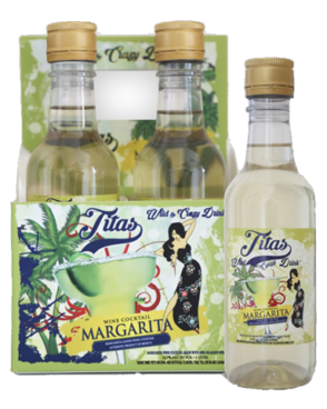 Image of a 4 pack of Tita’s Margarita bottles featuring a sleek design with a green and white label with a woman next to a large glass and blue and yellow accents.