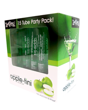 Image of a box of Tooters Appletini Liqueurs with green apples around the top half of the box, a separation line of green, and a white bottom half with black lettering.