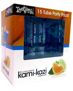 Image of a box of Tooters Kamikazi Liqueurs with oranges around the top half of the box, a separation line of blue, and a white bottom half with black lettering.