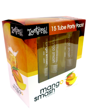 Image of a box of Tooters Mango Smash Liqueurs with mangos around the top half of the box, a separation line of yellow, and a white bottom half with black lettering.