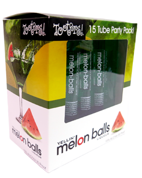 Image of a box of Tooters Melon Balls Liqueurs with melons around the top half of the box, a separation line of green, and a white bottom half with black lettering.