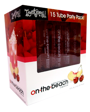 Image of a box of Tooters On the Beach Liqueurs with cherries around the top half of the box, a separation line of red, and a white bottom half with black lettering.