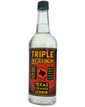 Image of a bottle of Triple Secession Orange Liqueur featuring a sleek design with a red label with an outline of Texas in the center, and black and gold accents.