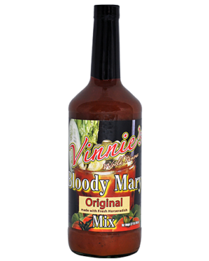 Image of a bottle of Vinnie’s World Famous Bloody Mary featuring a sleek design with a black label with tomatoes and white and red accents.