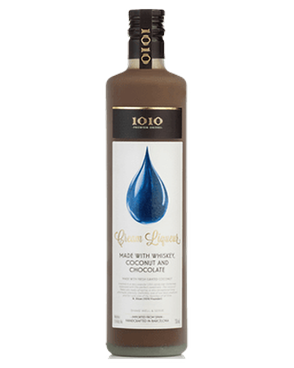 Image of a bottle of 1010 Whiskey Coconut Chocolate Cream Liqueur featuring a sleek design with a white label and blue, black and gold accents.