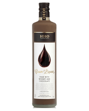 Image of a bottle of 1010 Whiskey Chocolate Cream Liqueur featuring a sleek design with a white label and brown, black and gold accents.