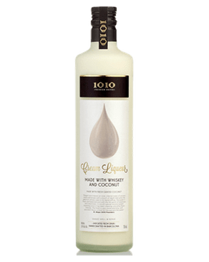 Image of a bottle of 1010 Whiskey Coconut Cream Liqueur featuring a sleek design with a white label and black and gold accents.