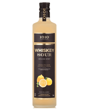 Image of a bottle of 1010 Whiskey Sour featuring a sleek design with a black label and white and gold accents.