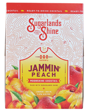 Image of a box of Sugarlands Shine Jammin’ Peach Moonshine Cocktail featuring a sleek design with a yellow label with peaches and red and orange accents.