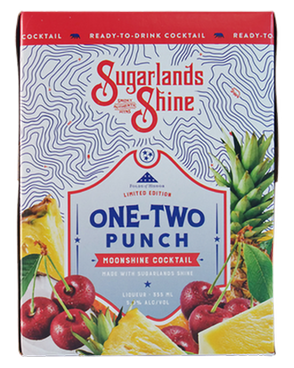 Image of a box of Sugarlands Shine One-Two Punch Moonshine Cocktail featuring a sleek design with a silver label with cherries and pineapples and red and blue accents.