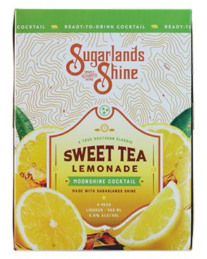 Image of a box of Sugarlands Shine Sweet Tea Lemonade Moonshine Cocktail featuring a sleek design with a yellow label with lemons and red and green accents.